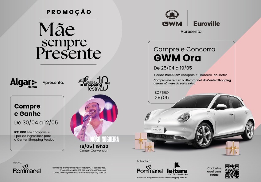 Center Shopping prepara sorteio de carro elétrico e show especial em ação para o Dia das Mães