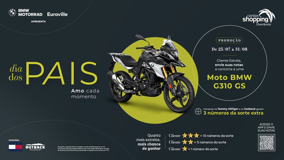 Center Shopping celebra mês dos pais com sorteio de moto BMW e ação ‘compre e ganhe’ um vinho chileno exclusivo
